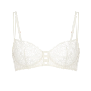 Strappy lace bra: Sheer white lace underwire bra with a cut-out center design featuring horizontal strap details and double shoulder straps.